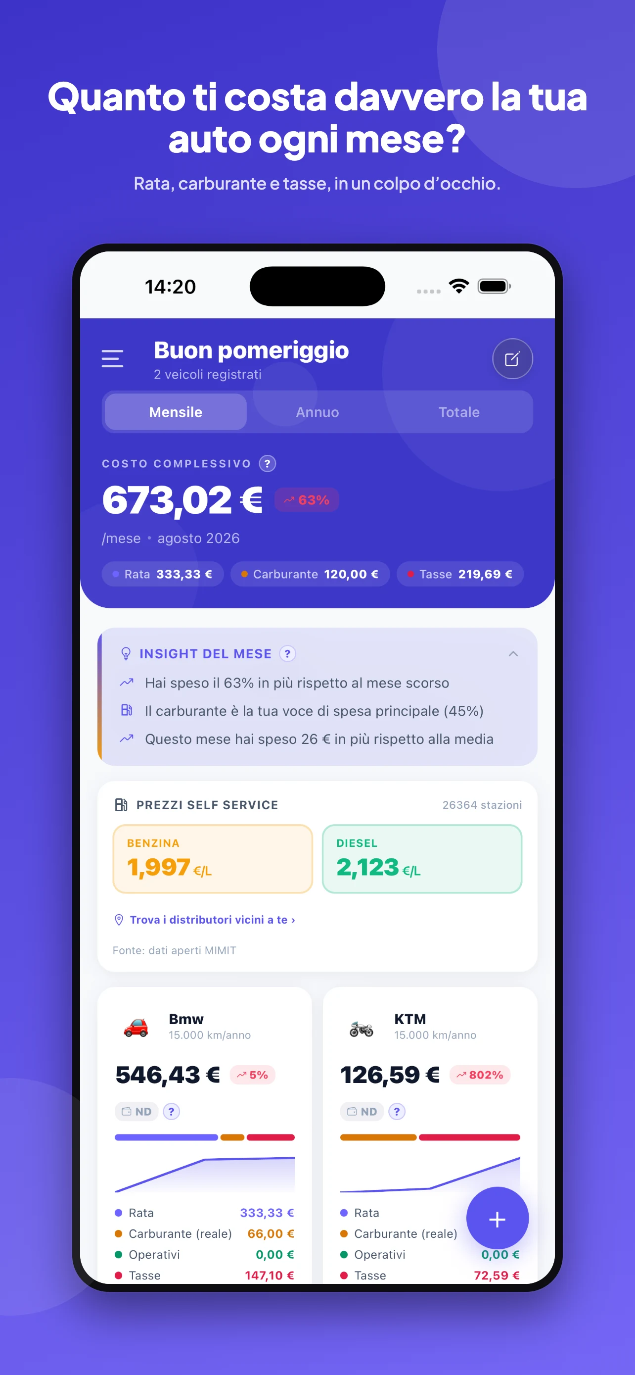 Quanto ti costa davvero la tua auto ogni mese? Rata, carburante, bollo e assicurazione in un colpo d'occhio — dashboard di Gestore Costi Veicoli