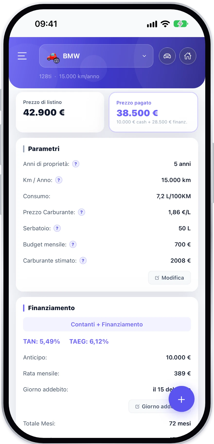 Scheda veicolo in Gestore Costi Veicoli