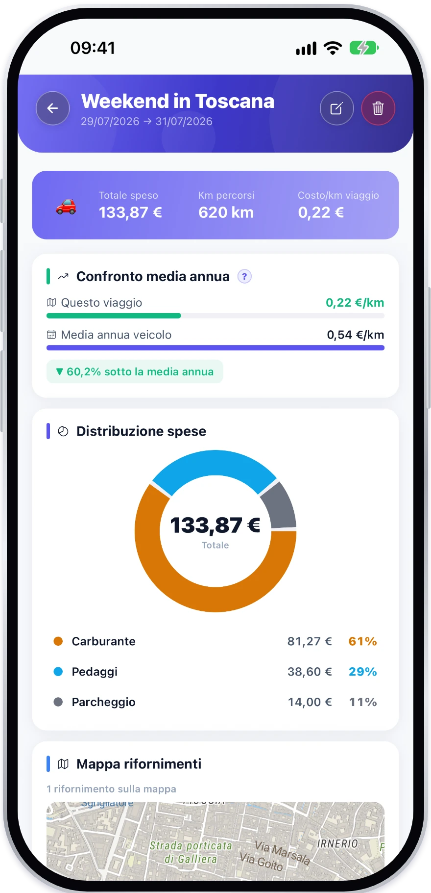 Dettaglio di un viaggio in Gestore Costi Veicoli