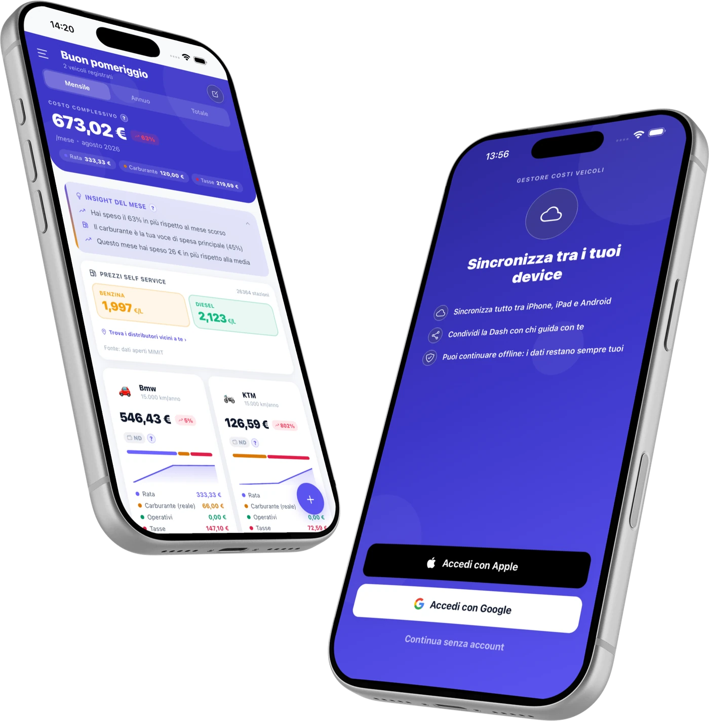 Gestore Costi Veicoli su due iPhone: dashboard e sincronizzazione