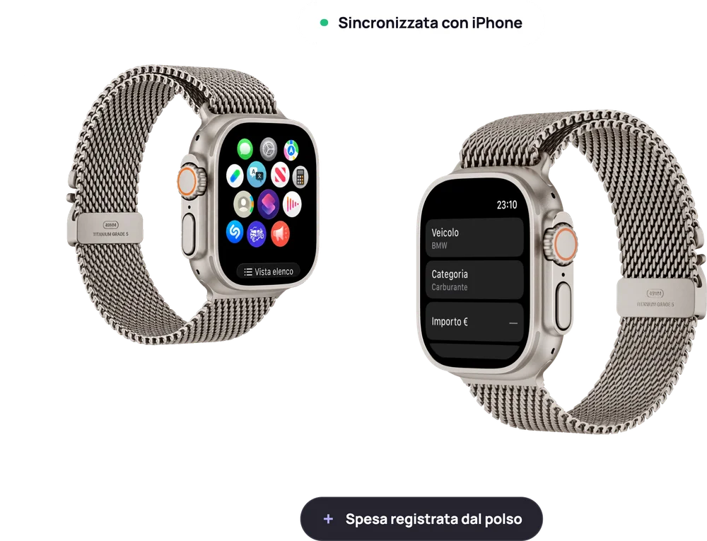 Due Apple Watch con i badge Sincronizzata con iPhone e Spesa registrata dal polso: la Home con l'app installata e la schermata di aggiunta rapida con veicolo, categoria e importo
